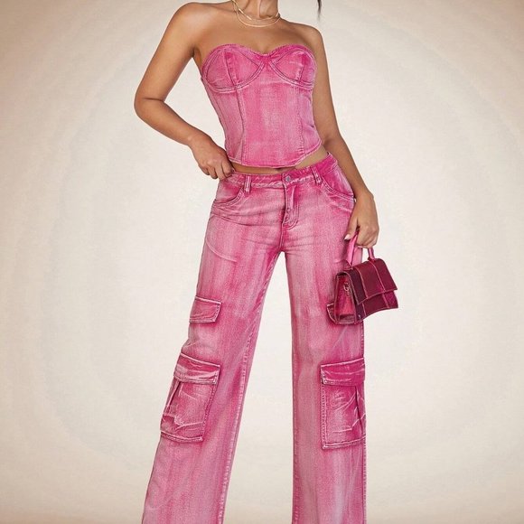Pink Preppy Womens Solid Tube Denim Top - Picture 3 of 5